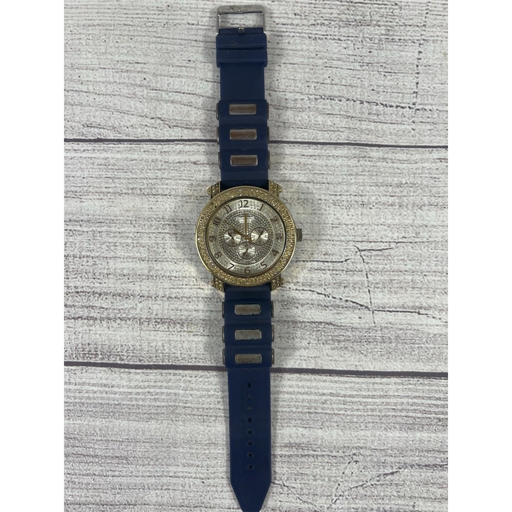 VTG Techno King Quartz Watch Blue Silicone Band Rhinestone Bezel For Parts